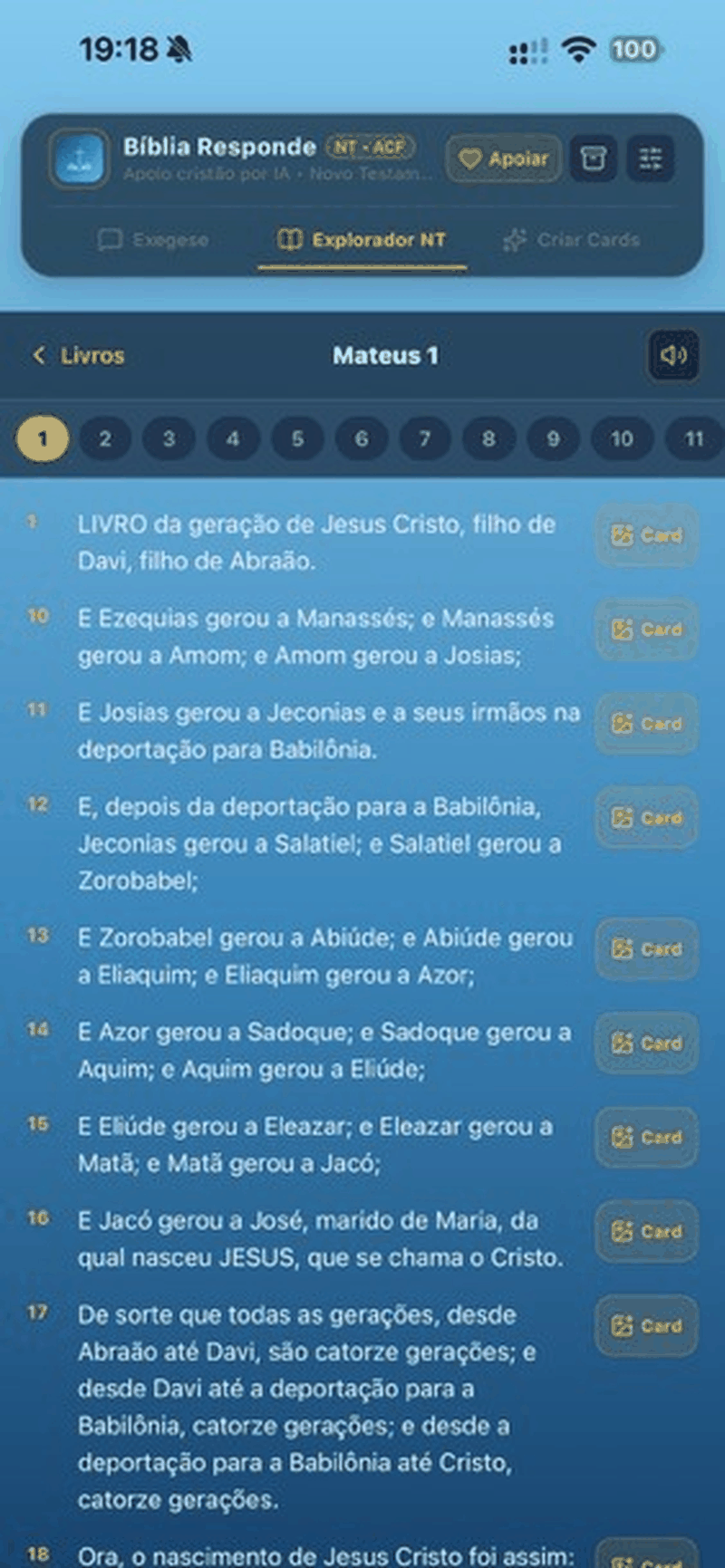 Tela do leitor bíblico do Novo Testamento — Bíblia Responde