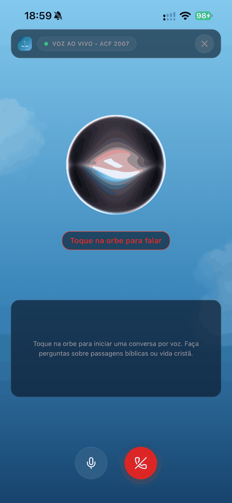 Tela de conversa e áudio neural por voz — Bíblia Responde